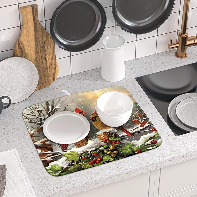 Winter Dish Drying Mat for Kitchen Counter 16x18 Inch Red Birds Cardinal Tree Christmas Theme Print Absorbent Reversible Microfiber Drying Mats Kitchen Countertop Protector Dishes Drainer Rack Pad