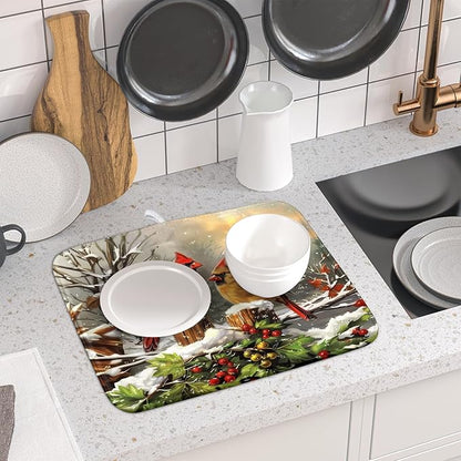 Winter Dish Drying Mat for Kitchen Counter 16x18 Inch Red Birds Cardinal Tree Christmas Theme Print Absorbent Reversible Microfiber Drying Mats Kitchen Countertop Protector Dishes Drainer Rack Pad