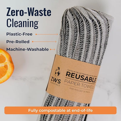 Zero Waste Reusable Paper Towels, Organic Cotton Flannel Wipes for Kitchen, Bathroom, Hand Drying, Pet Messes, and Counter Cleaning, Grey Tones, 24-Pack Gift Set