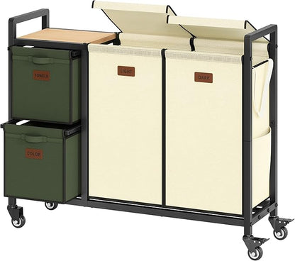Hoctieon 4 Section Laundry Cart, 48 Gal. (182L) Laundry Hamper with Lid, Laundry Basket with Wheels, Rolling Laundry Sorter Organizer with Shelf, Clothes Separator with Removable Bags, Beige+Green