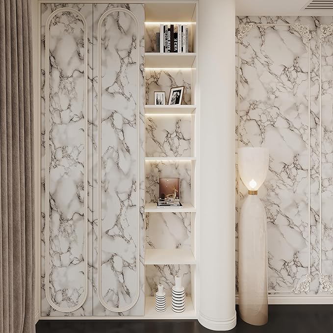 JSEVEM 16"×394" Grey White Marble Wallpaper Peel and Stick Waterproof Gray Marble Contact Paper Vinyl Glossy Granite Adhesive Tile Sticker for Kitchen Table Cabinet Countertops Bedroom Bathroom Walls
