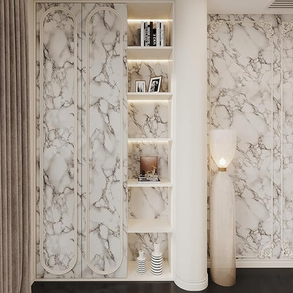 JSEVEM 16"×394" Grey White Marble Wallpaper Peel and Stick Waterproof Gray Marble Contact Paper Vinyl Glossy Granite Adhesive Tile Sticker for Kitchen Table Cabinet Countertops Bedroom Bathroom Walls