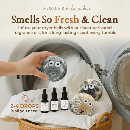 Hustle & Blush Fluff Ewes Wool Dryer Balls 3 Pack - Extra Large Lights Premium Hand Needled New Zealand Laundry Set, Reduces Drying Time, Static Control, Chemical Free Reusable for Essential Oils