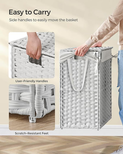 SONGMICS Laundry Hamper with Lid, 23.8 Gallon (90 L) Synthetic Rattan Clothes Laundry Basket with Lid and Handles, Foldable, Removable Liner, Cloud White ULCB51WT