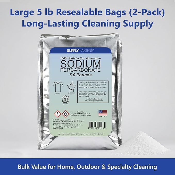 Sodium Percarbonate Powder 5 lbs – Non-Chlorine Oxygen Bleach Alternative & Stain Remover – Multi-Purpose Cleaner for Laundry, Carpets, Tile, Decks, Kitchens & Outdoor Surfaces