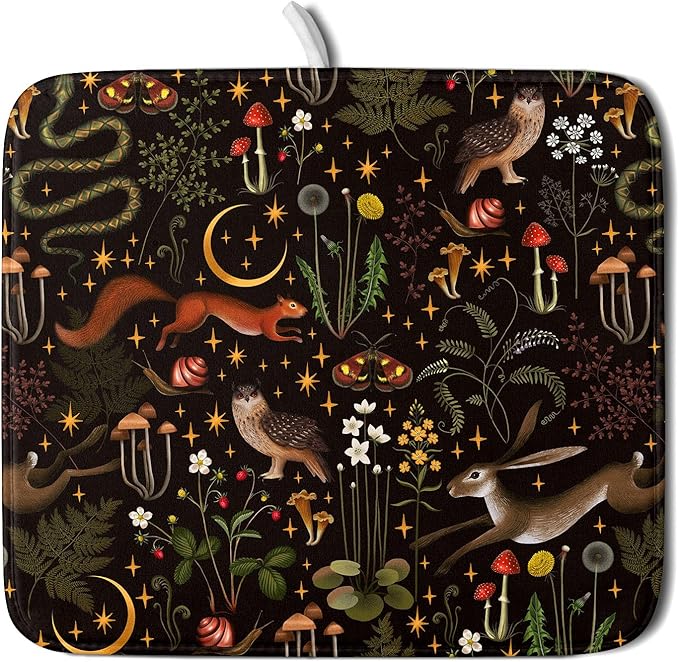 Black Mushrooms Butterfly Dish Drying Pad 16 x 18 Inch With Absorbent Reversible Microfiber Forest Wild Animals Flowers Moon Star Drying Mats Dish Drainer Mat Fast Dry For Kitchen Dining Room