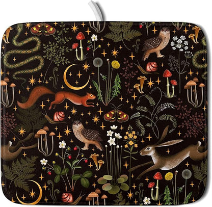 Black Mushrooms Butterfly Dish Drying Pad 16 x 18 Inch With Absorbent Reversible Microfiber Forest Wild Animals Flowers Moon Star Drying Mats Dish Drainer Mat Fast Dry For Kitchen Dining Room