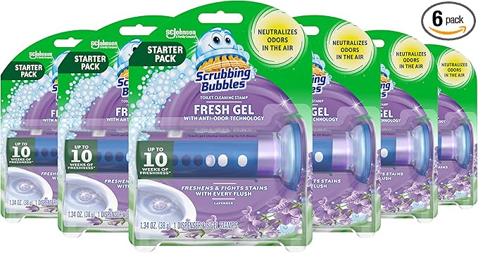 Scrubbing Bubbles Fresh Gel Toilet Bowl Cleaning Stamps, Helps Keep Toilet Clean and Helps Prevent Limescale & Rings, Lavender Scent, 1 Dispenser with 6 Fresh Gel Stamps (6 Pack)