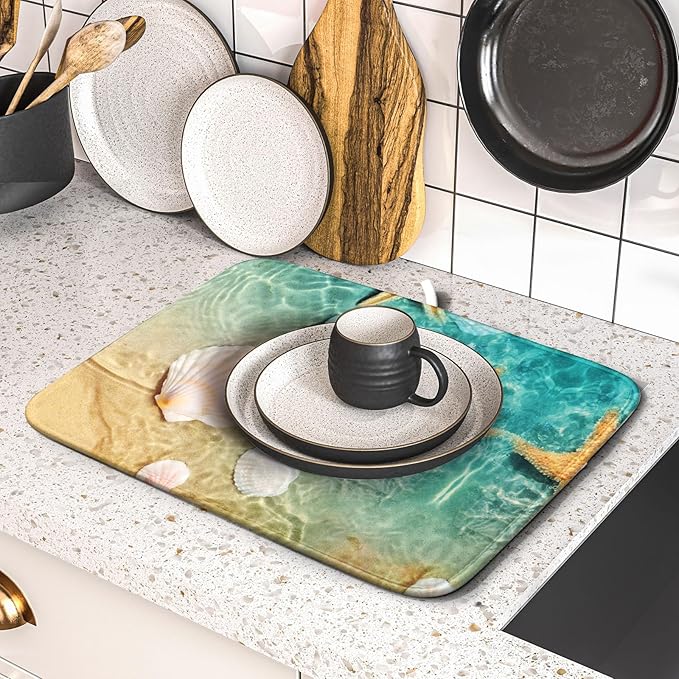 Summer Beach Style Dish Drying Mat for Kitchen Counter,Starfish and Seashell Drying Mat 16 x 18 Inch with High Absorbent Reversible Microfiber Dish Drying Pad Drainer Mat for Coffee Bar