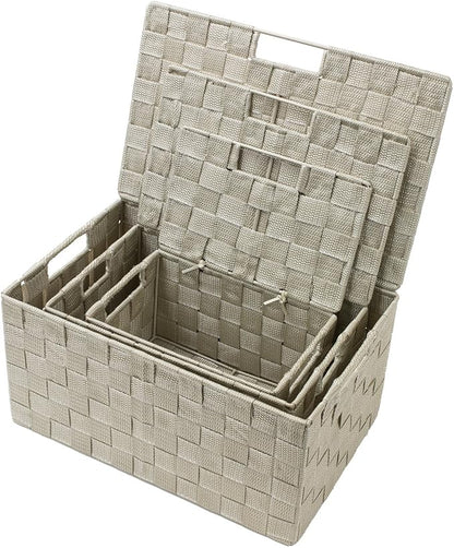 Sorbus Set of 3 Storage Baskets for Organizing with Lid – Mesh Hand-Woven Baskets for Closet, Shelf & Home Storage (Beige, Variety Pack)