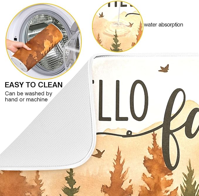 Hello Fall Forest Dish Drying Mat for Kitchen Countertop 16x18 Autumn Pine Tree Small Drying Mat Reusable Quick Dry Dish Sink Mats Easy Clean Decorative Essentials