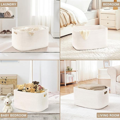 100L Extra Large Baby Girls Laundry Basket for Nursery Storage,Cute Woven cotton Rope Baskets for Kids Toy，Gifts, Boho Square Wicker Blanket hamper for Living Room,Bedroom Dirty Clothes, White