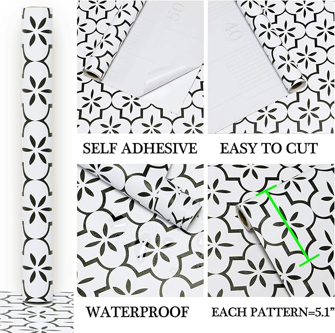 GloryTik Geometry Black/White Textured Wallpaper 17.7x393.7in, Removable Modern Trellis Decorative Contact Paper for Cabinets, Kitchen, Bathroom Walls