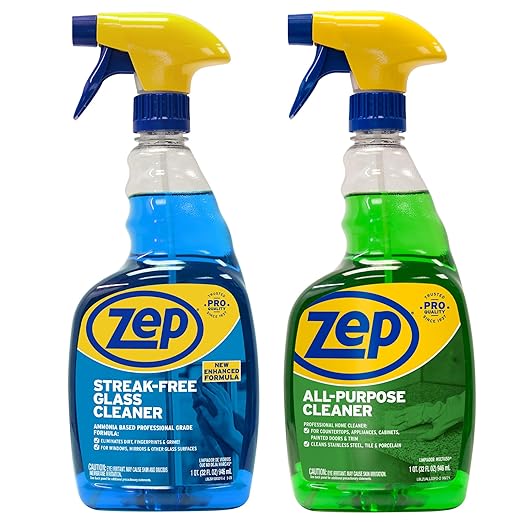 Zep All-Purpose Cleaner 32 oz (1 Unit) and Zep Streak-Free Glass Cleaner 32 oz (1 Unit) ECBD050 – All-Purpose Surface Cleaner and Streak-Free Glass Cleaner for Kitchen, Bathroom, and Mirrors