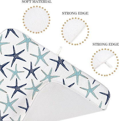 Coastal Dish Drying Mat 18x24 Inch Summer Navy Blue Teal Turquoise Starfish Summer Drying Mat Nautical Beach Ocean Absorbent Dish Drying Pad Dish Rack Drainer Mats for Kitchen Dining Counter