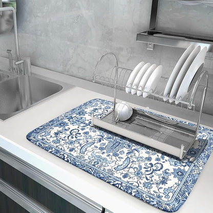 Chinoiserie Floral Dish Drying Mat for Kitchen Counter Blue and White Flowers Pattern Dish Drying Pad 16”x18”Absorbent Reversible Seasonal Decor Dishes Drainer Pad Dish Dry Rack Mat for Counter top
