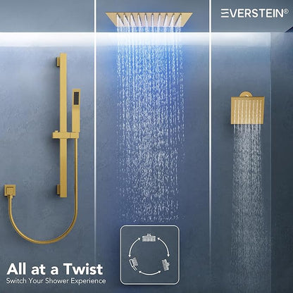Celling Mount 64 Color LED Mood Lighting Dual Rainfall Shower Head Faucet, 12 Inch Rainfall Shower System (Brushed Gold)
