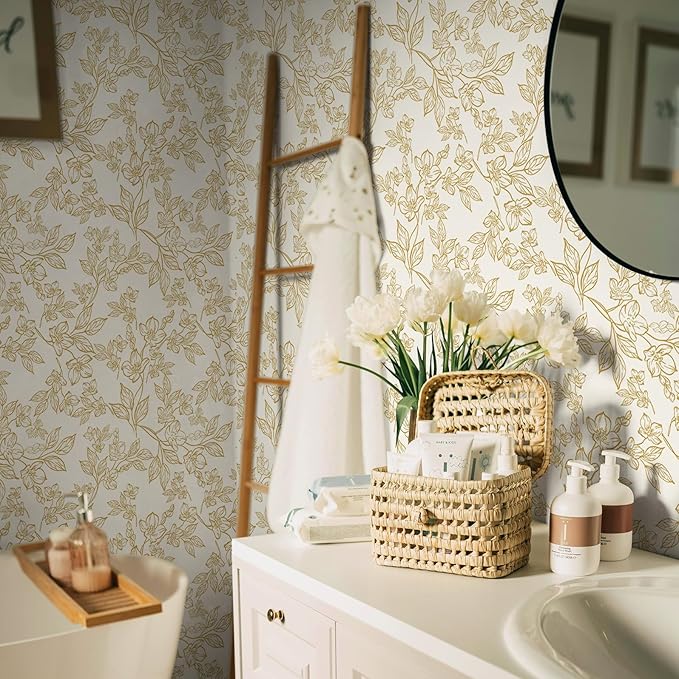 Ismoon Floral Wallpaper Peel and Stick Vintage Flower Beige and Gold Contact Paper for Cabinet Textured Removable Self Adhesive Vinyl Wallpaper for Bedroom 17.3x393in