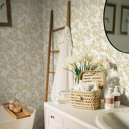 Ismoon Floral Wallpaper Peel and Stick Vintage Flower Beige and Gold Contact Paper for Cabinet Textured Removable Self Adhesive Vinyl Wallpaper for Bedroom 17.3x393in