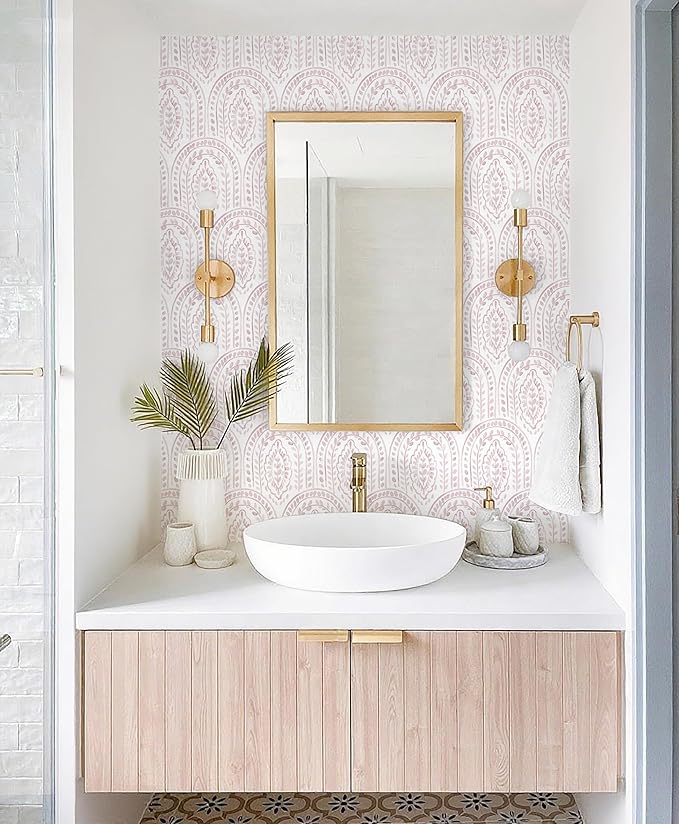 EeeComing Pink Peel and Stick Wallpaper Boho Wall Paper Peel and Stick Modern Contact Paper Self Adhesive Wallpaper for Bedroom and Bathroom Removable Cabinet Shelf Liner Vinyl 17.3”X393.7”