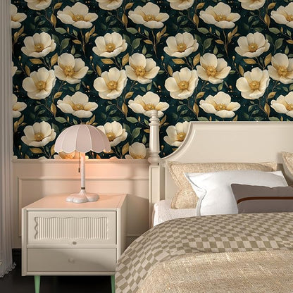 Fvlow Large Dark Floral Wallpaper Peel and Stick, White/Gold Flowers Contact Paper Waterproof Self-Adhesive Boho Wall Paper for Bedroom Countertop Desk Cabinets Decor 17.4" x 118" Renter Friendly