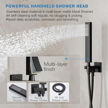 Black Shower System, Shower Faucet Set with 10-Inch Rain Showerhead and Handheld Spray, Wall Mounted High-Pressure Showerhead Combo Set Included Valve and Trim, Matte Black