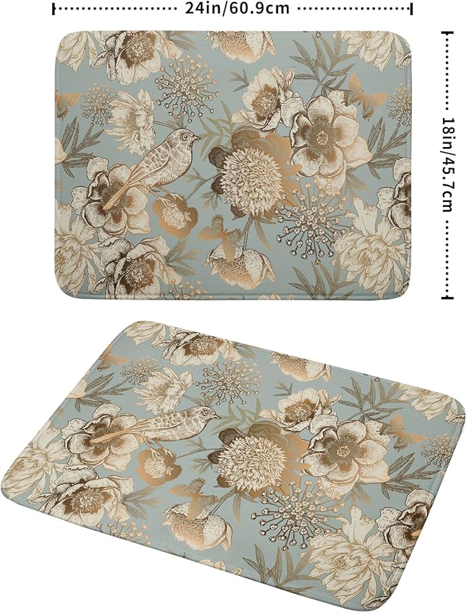 Retro Flower Bird Dish Drying Pad 18 x 24 Inch With Absorbent Reversible Microfiber Vintage Blue Gold Floral Drying Mats Dish Drainer Mat Fast Dry For Kitchen Dining Room Decoration