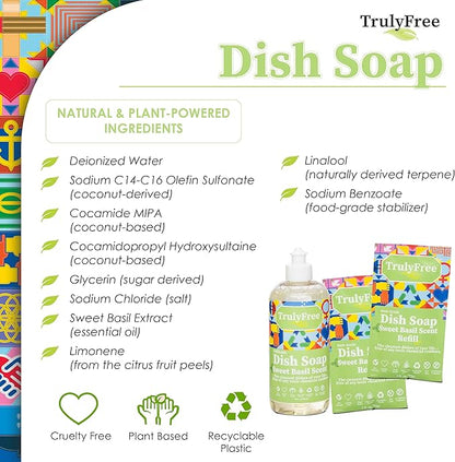Truly Free Non Toxic Dish Soap Kit | Natural Concentrated Dishwashing Liquid - Sweet Basil Scent | Organic Plant-Based | Family Safe - Eco-Friendly Formula | 16 fl oz