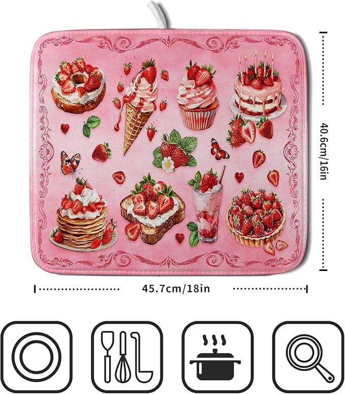 Pink Strawberry Dish Drying Mat for Kitchen Counter Washable Absorbent Dish Draining Mat 16×18in