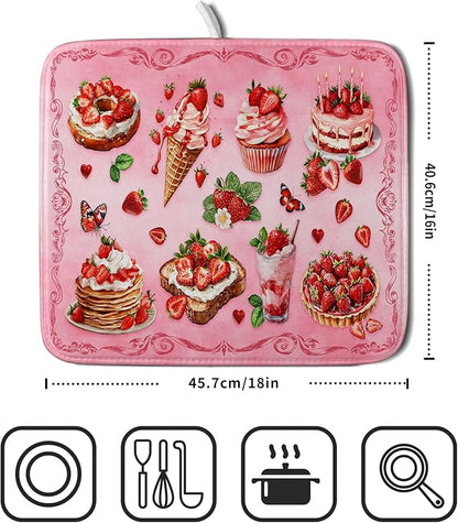 Pink Strawberry Dish Drying Mat for Kitchen Counter Washable Absorbent Dish Draining Mat 16×18in