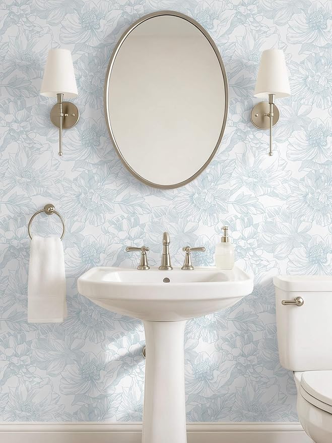 Ismoon Large Floral Peel and Stick Wallpaper Boho White and Blue Contact Paper 17.3inx6.5ft Modern Wall Paper Removable Self Adhesive Vinyl Wallpaper for Bedroom Cabinet Waterproof Mural Wall Decor