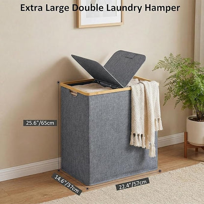 efluky Laundry Hamper with Lid, Double Laundry Hamper with 2 Removable Bags, 2 Section Laundry Basket with Bamboo Handles for Bathroom, Bedroom & Laundry Room, 140L (36.9 Gallon) Blue Grey