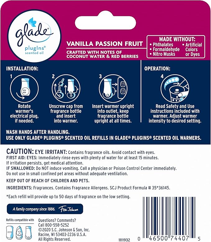 Glade PlugIns Refills Air Freshener, Scented and Essential Oils for Home and Bathroom, Vanilla Passion Fruit, 1.34 Oz, 2 Count