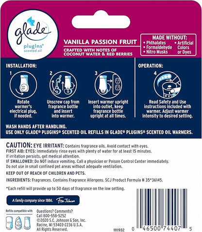 Glade PlugIns Refills Air Freshener, Scented and Essential Oils for Home and Bathroom, Vanilla Passion Fruit, 1.34 Oz, 2 Count