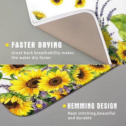 Sunflower Dish Drying Mat for Kitchen Counter 18x16 Inch Floral Lavender Drying Mat with Absorbent Reversible Microfiber Season Spring Summer Dish Drainer Mats Rack Pad for Coffee Countertop Protector