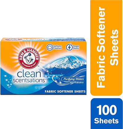 ARM & HAMMER Fabric Softener Sheets, Purifying Waters, 100 sheets (Pack of 2)