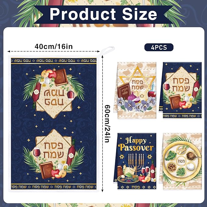 Passover Kitchen Towels Decor, Dish Towels Gifts for Cooking Cleaning Set of 4, Jewish Holiday Hand Towels with Hanging Loop for Bathroom Home