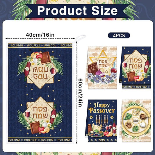 Passover Kitchen Towels Decor, Dish Towels Gifts for Cooking Cleaning Set of 4, Jewish Holiday Hand Towels with Hanging Loop for Bathroom Home