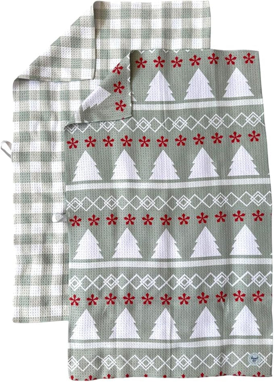 || 3 Pack|| Double Sided Dish Towels || Waffle Weave Microfiber || Highly Absorbent || Hanging Loop || Dish Cloths || Modern || Designer Prints || Lights (Christmas Mint 2 Pack)