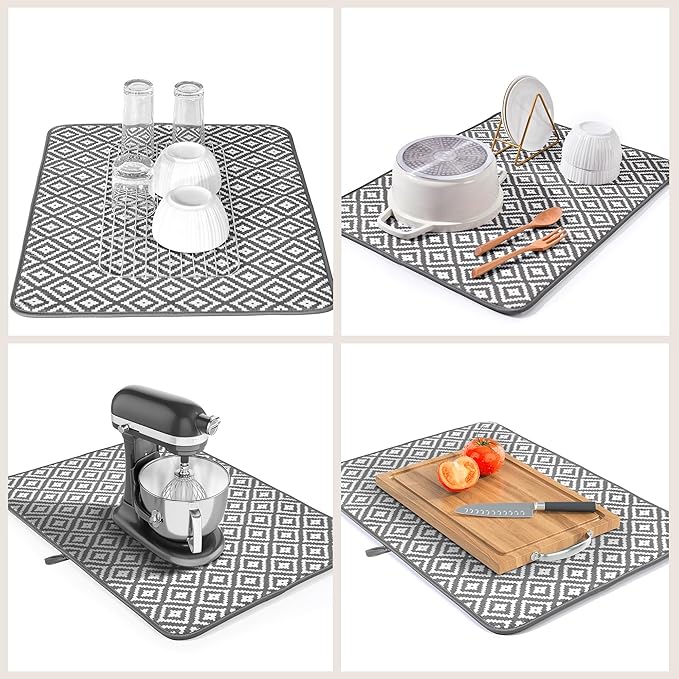 Subekyu 2 Pack Dish Drying Mat, 24*18 inch Ultra Absorbent Microfiber Dishes Drainer Mats for Kitchen Counter, Large Size Dish Drying Pad with Rhombus patterns