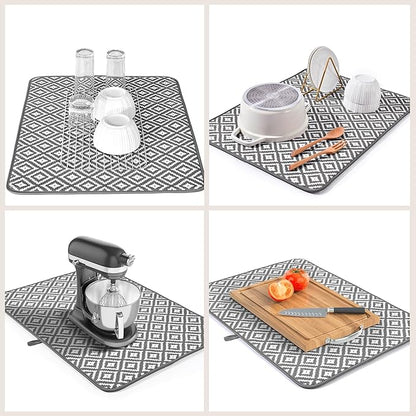 Subekyu 2 Pack Dish Drying Mat, 24*18 inch Ultra Absorbent Microfiber Dishes Drainer Mats for Kitchen Counter, Large Size Dish Drying Pad with Rhombus patterns