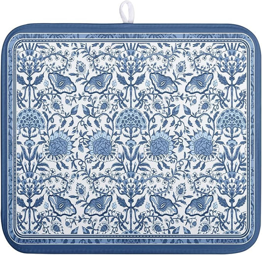 Blue Floral Dish Drying Mat for Kitchen Counter Boho Flowers Dishes Drainer Mats Rustic Farmhouse Microfiber Absorbent Dish Draining Spring Summer Reversible Dish Rack Pad 16x18 Inch