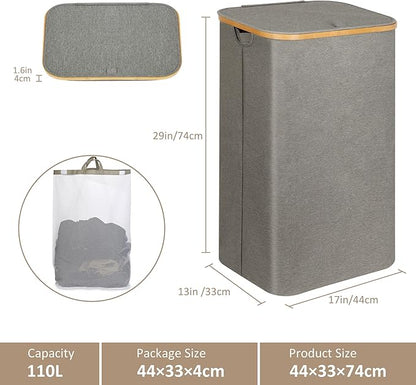 Laundry Hamper with Lid, 110L Large Laundry Hamper with Handle and Lid, Collapsible Clothes Basket Organizer with Removable Inner Bag for Clothes Toys Towels - Grey