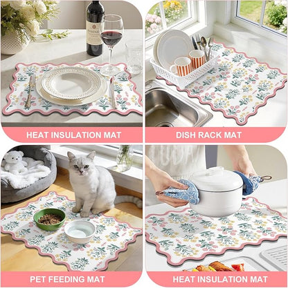 LOKHOM Scalloped Floral Dish Drying Mat, 12"x20" Super Absorbent Coffee Mat with Unique Pink Pastoral Floral, Cuttable Hide Stain Non-slip Drying Mat for Kitchen Counter Coffee Maker Espresso Machine