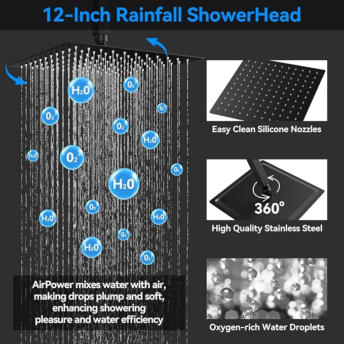 Shower Faucet Set,Matte Black Push Button Shower System with Rain Shower and Handheld,Black Shower Faucet with Valve Ceiling Mount 12 Inch Shower Head and 6 Inch Shower Head with Handheld