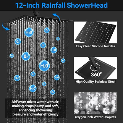 Shower Faucet Set,Matte Black Push Button Shower System with Rain Shower and Handheld,Black Shower Faucet with Valve Ceiling Mount 12 Inch Shower Head and 6 Inch Shower Head with Handheld