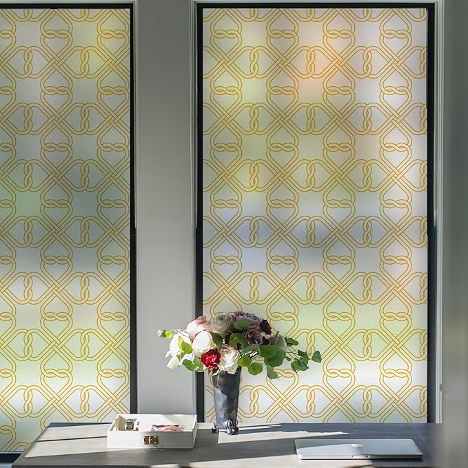 DKTIE Celtic Knot Seamless Pattern Full Privacy Window Film for French Doors Stained Glass Look Art Deco Background Japanese Overlap Circle Net (C651, 17.7'' x 78.7'')
