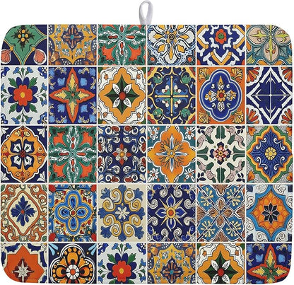 Talavera Mexican Tiles Dish Drying Mat for Kitchen Counter 16x18 Inch Mexican Flower Decorations Dish Draining Mat Mexican Tilt Fast Absorbent Tableware Dishes Pad for Coffee Bar Countertop