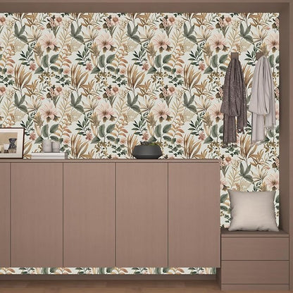Vintage Floral Peel and Stick Wallpaper Pink Green Gold Botanical Contact Paper Vinyl Self Adhesive Removable Retro Leaf Wall Mural for Living Room Walls Cabinet Dresser Table Decor 17.5" x 118"