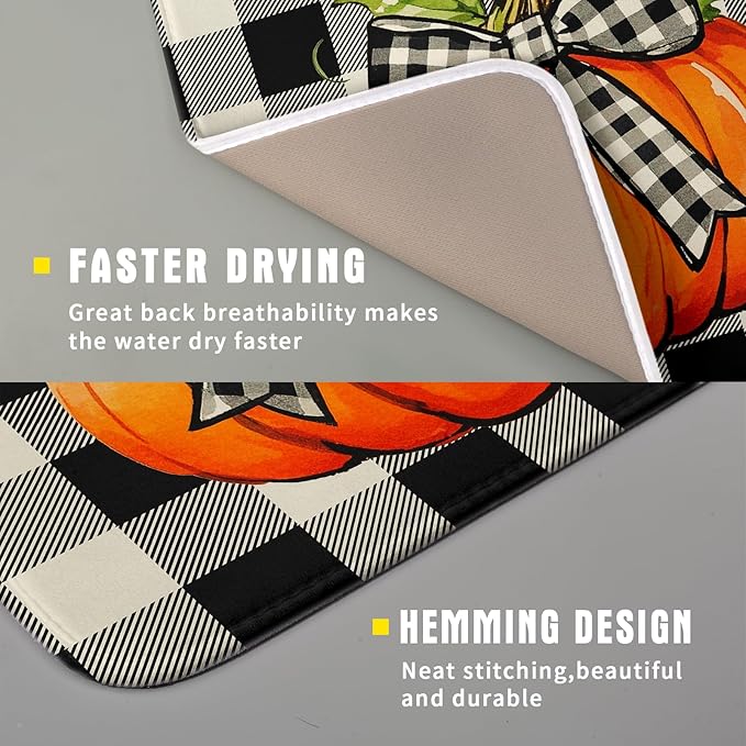 Fall Dish Drying Mat for Kitchen Counter 16x18 Autumn Pumpkin Plaid Theme Thanksgiving Day Absorbent Reversible Microfiber Drying Mats Kitchen Countertop Protector Dishes Drainer Pad